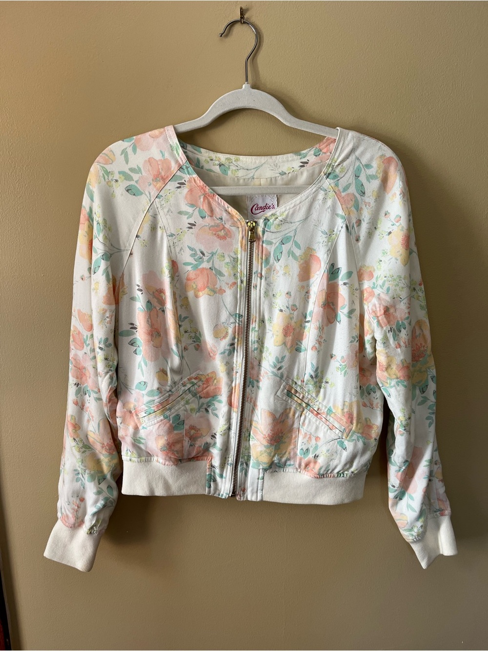 Candie's White Bomber Jacket with Peach & Green Floral Print